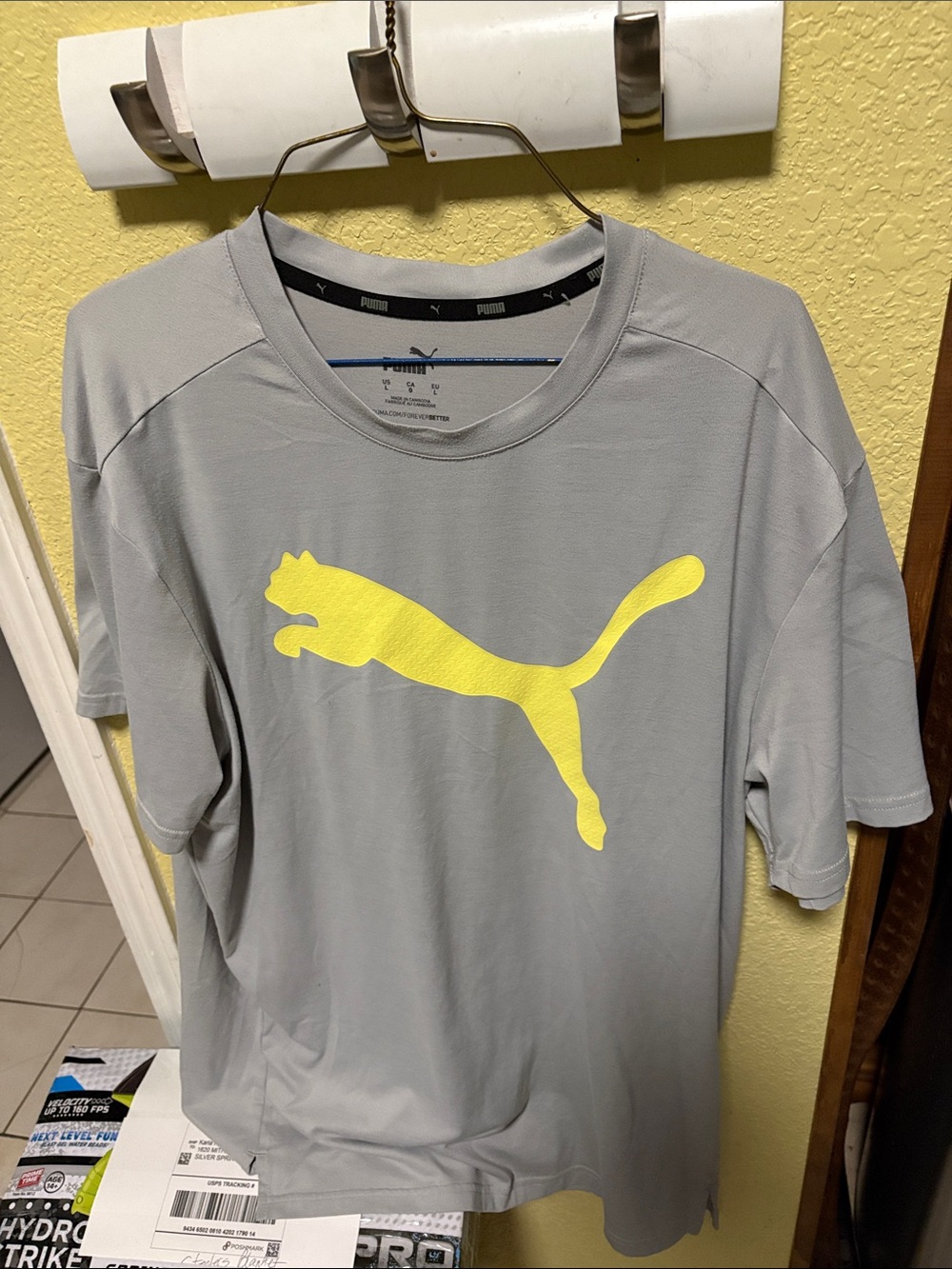 Puma Men’s Light Gray Short-Sleeve Tee with Yellow Logo